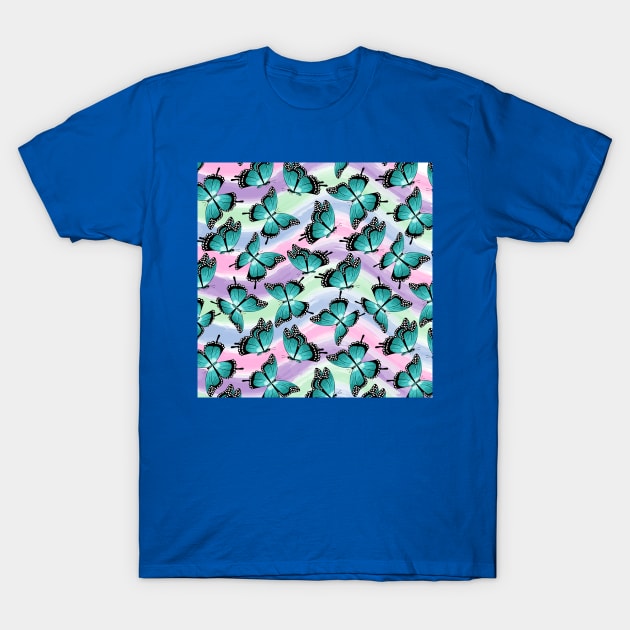 Blue Butterflies Pattern T-Shirt by Designoholic